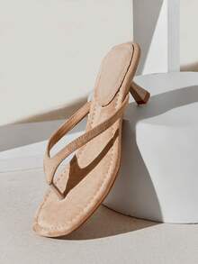 SHUZIA Women's Minimalist Comfortable Round Toe Kitten Heel Faux Suede Thong Sandal - Beige - View 4