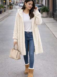 Abrigo Ligero Delgado Calentito De Peluche con Puño, de uso diario, informal otoño invierno, casual con capucha - Hueso - Ver 1