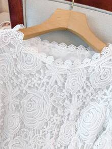 SHEIN CURVE+ Áo ren cổ tròn màu trơn thanh lịch cỡ lớn cho nữ, áo dài tay cho mùa thu - trắng - Xem 3