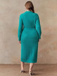 Anewsta Peacock Green Fitted Long Sleeve Sweater Dress, Plus Size - Green - View 2