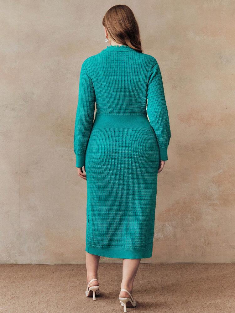 Vestido de suéter de manga larga ajustado color verde pavo real, talla grande
