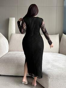 Dazy Plus Robe maxi élégante et sexy pour femmes en grande taille, en dentelle contrastée et ajustée, pour le printemps/été - Noir - View 4