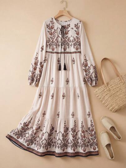 Rusticease Women's Vacation Casual Printed Tie Neck Dress Boho Dress Long Boho Dress Peasant Dress Motif Women Dresses Dress Modest Bohemian Dress  Elegant Dresses For Women  Casual Dress