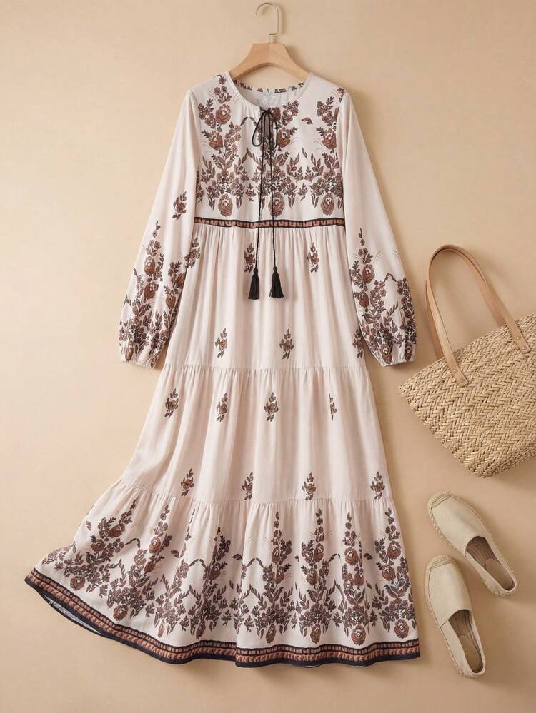 Women's Vacation Casual Printed Tie Neck Dress Boho Dress Long Boho Dress Peasant Dress Motif Women Dresses Dress Modest Bohemian Dress  Elegant Dresses For Women  Casual Dress