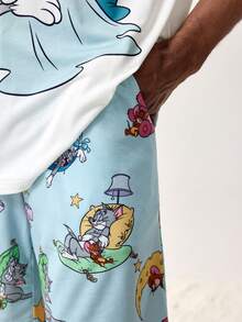 TOM & JERRY X SHEIN طقم ملابس داخلية مريح للرجال مكون من تي شيرت بأكمام قصيرة وشورت بطباعة كرتونية، للصيف - أبيض - مشاهدة 3
