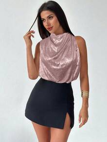 Firerie Blusa asimétrica plisada de oro elegante y de moda para uso diario, oficina, vacaciones y festivales musicales - Rosa - Ver 6