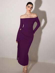 Modelyn 1pc Women's Off-Shoulder Metal Buckle Midi Dress - Purple - View 3
