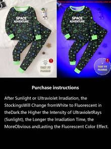 一套男童夜光太空火箭印花修身长袖睡衣套装，春秋季 - 黑色 - 查看 5