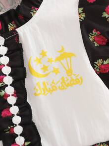 SHEIN Baby Girls' Spring Middle Eastern Style Madder Rose Print Ruffle Collar Puff Sleeve Double Hem Contrast Color Short Sleeve Dress, Soft And Comfortable Fabric, Suitable For Middle Eastern Festivals And Daily Wear, Great For Photos   رمضان  قرقيعان  فستان العيد  الملابس التقليدية العربية - Purple - View 13