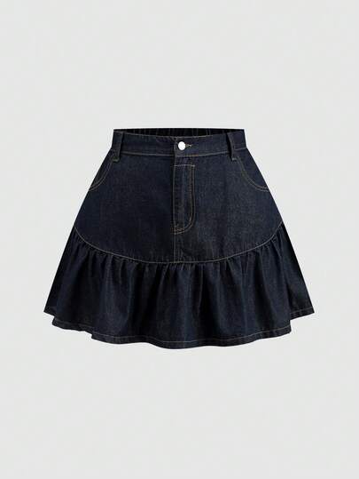 SHEIN MOD Plus Size Women Patchwork Ruffle Hem Fashionable Denim Mini Skirt Summer Holiday Spring Women Valentine For Women Beach Skirt Elegant Skirt For Party Birthday Skirt For Women Vacation Women Casual Skirt For Women Y2k Black Skirt Women's Dark Wash Ruffled Denim Mini Skirt With Flared Hem