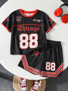 2pcs/Set Young Boy Casual Baseball Sports Style,Number 88,Gothic Chicago Text,Star Graphic Print Short Sleeve T-Shirt And Shorts Set,Summer Clothes - Multicolor - View 10
