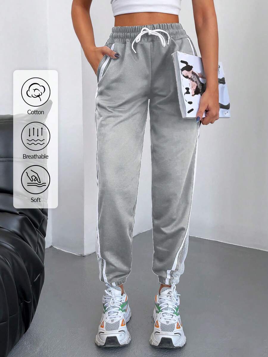 EURMUSE Contrast Tape Drawstring Waist Slant Pocket Joggers - Light Grey - View 1