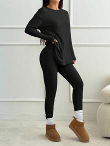 SHEIN PETITE Drop Shoulder Ribbed Knit Tee & Leggings Textured Fabric Two Pieces - Black - View 4