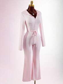 Amplova 女士连体连帽衫，性感褶皱露背长款连体裤，带帽设计，适合早春运动休闲穿着 - 粉色 - 查看 14