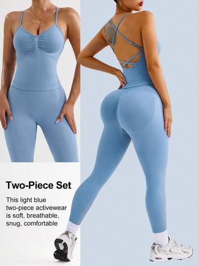 Slayform Women's Solid Color Backless Camisole & Leggings Sports Set