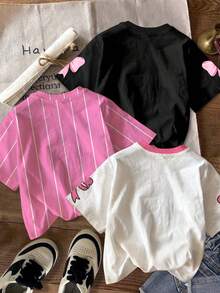 SHEIN 3件套女童休闲简约时尚数字67和蝴蝶结图案圆领短袖基础款T恤，粉色条纹、米白色、酷黑色，适合春夏穿着 - 彩色 - 查看 2