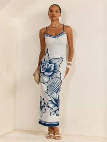 CAJUNI 女士碎花印花休闲优雅吊带连衣裙，适合度假 - 藍白色 - 查看 3