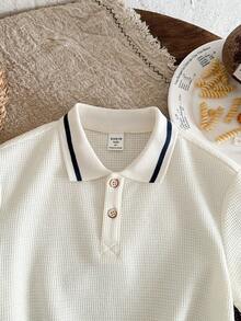 男童休闲日常通勤百搭纹理面料撞色条纹饰边短袖Polo衫，夏季 - 米色 - 查看 5