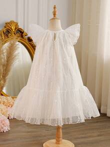 SHEIN Glamorique Kids 女童刺繡網紗荷葉邊蛋糕裙，夏季花童派對白色優雅閃亮亮片薄紗禮服 - 米色 - 查看 2