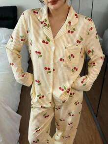Dream Adore 条纹樱桃印花翻领长袖长裤女士睡衣套装 - 黃色 - 查看 5