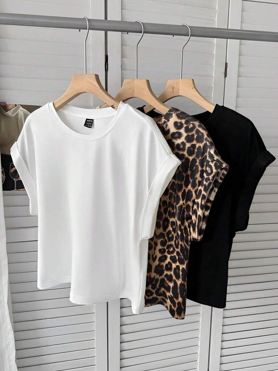 SHEIN LUNE Bộ 3 món áo thun nữ mùa hè kiểu dáng thường ngày tay cánh dơi màu trơn và áo thun họa tiết da báo, thích hợp cho mùa xuân hè. - Nhiều màu - Xem 1
