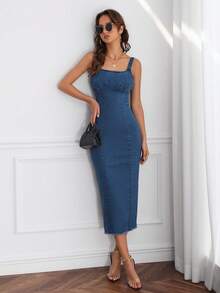 EMERY ROSE Women's Summer Fashion Square Neck Waist Cinched Denim Slip Dress - Blue - View 7