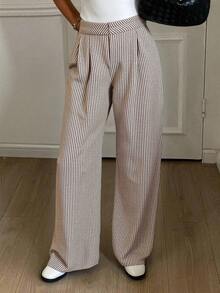 DAZY Women's Casual Striped Print Loose Wide Leg Pants With Side Pockets, Suitable For Vacation, Daily Wear, And Commuting - Apricot - View 4