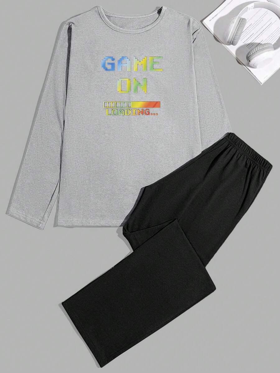 EURMUSE Men Game Letter Printed Regular Longsleeve & Pants Homewear Set - Grey - View 1