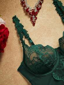 Conjunto de ropa interior sexy para mujer de 4 piezas con encaje y malla de contraste con aros - Verde Oscuro - Ver 7