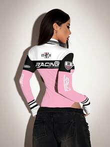 SHEIN ICON 女士撞色长袖半拉链修身连体衣 - 彩色 - 查看 2