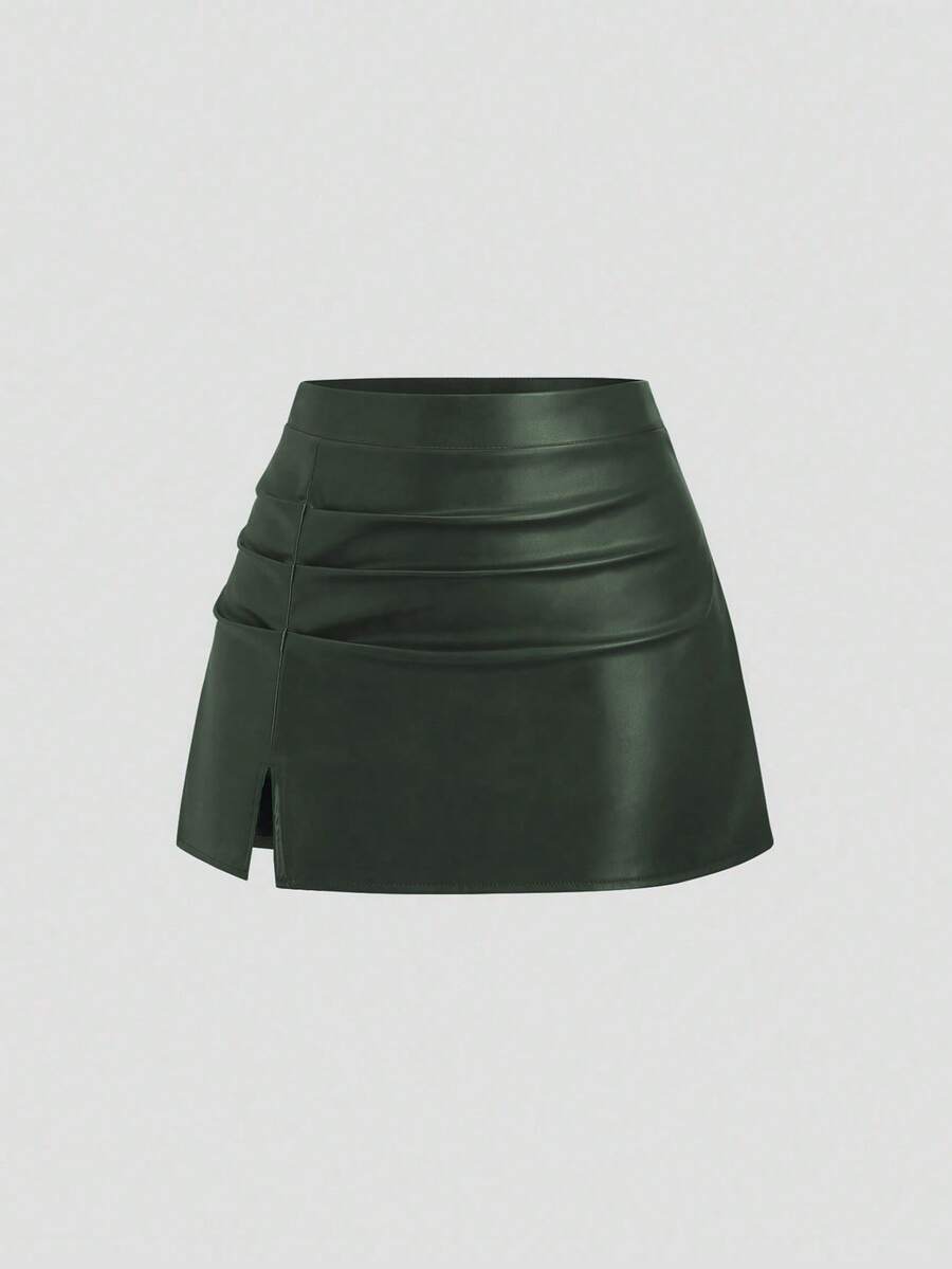 SHEIN PETITE 秋冬休闲A字喇叭PU皮迷你裙，娇小女性的时尚之选 - 綠色 - 查看 1