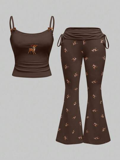 J-Fashion Blusa de encaje con bordado de ciervos a juego con pantalones acampanados con estampado de ciervos por todo el diseño