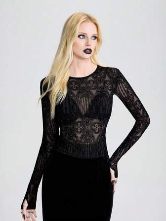 Breakform Damestop in gotische donkere stijl met fluweelachtig mesh slangenpatroon, ronde hals, lange mouwen, aansluitend model, geschikt voor dagelijkse uitjes en festivals.