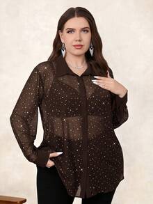 Chikora Plus Size Rhinestone Decor Sheer Long Sleeve Shirt Plus Size Shirts And Blouses - Brown - View 7
