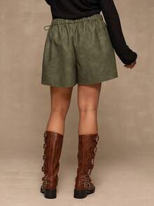 Freevana 大码休闲复古系带裹腰裙裤，秋季军绿色女式短裙 - 軍綠色 - 查看 2