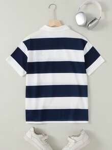Casuvi Kids Nautical Academy Style Striped Polo Shirt For Teens (Boys), Loose Fit With Wide Blue & White Stripes, Fashion Emblem On Chest, Suitable For Campus, Commute, And Casual Weekend Wear Polo For Boys Boy Clothes