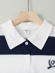 Casuvi Kids Nautical Academy Style Striped Polo Shirt For Teens (Boys), Loose Fit With Wide Blue & White Stripes, Fashion Emblem On Chest, Suitable For Campus, Commute, And Casual Weekend Wear Polo For Boys Boy Clothes