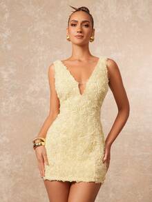 Lumalex 新款春夏3D立体花卉深V领无袖修身迷你连衣裙，浅黄色 - 淡黃色 - 查看 10