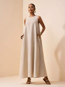 Zivah 2026春夏新款情人节、音乐节、复活节、西部风、波西米亚风、纳什维尔风格无袖宽松A字连衣裙，带真口袋，竹纤维面料，浅卡其色 - 卡其色 - 查看 7