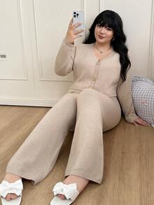 Comfortcana Conjunto informal de 2 piezas de talla grande para mujer, compuesto por un cárdigan de punto de manga larga con hombros caídos y pantalones de punto, para otoño/invierno - Caqui - Ver 12