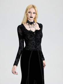 Women's Gothic Style Flocked Mesh Square Neck Frill Trim Front Tie Knit Cropped Top - Black - View 1