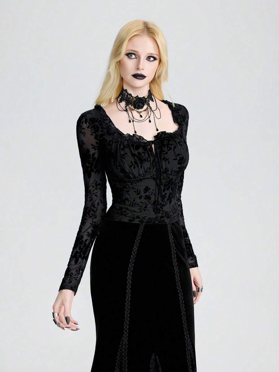 Women's Gothic Style Flocked Mesh Square Neck Frill Trim Front Tie Knit Cropped Top - Black - View 1