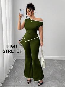 Elenzga 大码女装时尚经典撞色休闲百搭优雅街头风约会晚宴修身不对称肩部不对称下摆上衣和喇叭裤两件套 - 軍綠色 - 查看 7