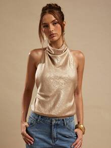 SHEIN BAE Women's Solid Color Gold Plunging Neck Backless Halter Tank Top, Sexy & Elegant Camisole - Gold - View 1
