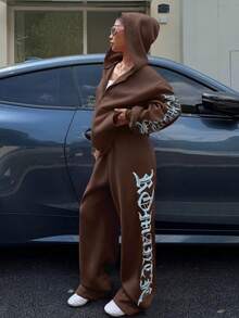 Muchica Women's Casual Brown Knitted Long Sleeve Drop Shoulder Hooded Zipper Jacket And Pants Set With Letter Detail - Brown - View 1