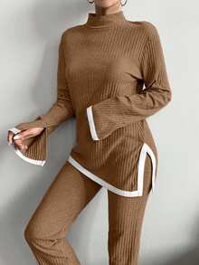 EURMUSE Cotton Contrast Binding Split Hem Tee & Pants - Camel - View 5