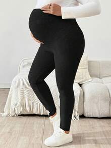 SHEIN Pantaloni skinny in maglia a costine di colore tinta unita, casual e adatti per l'uso quotidiano, con vita regolabile, per donne in gravidanza di taglia curvy - nero - Visualizzare 8