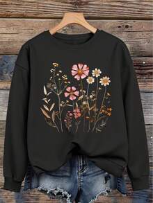 EMERY ROSE 复古干花花卉文学印花休闲加大码卫衣 - 黑色 - 查看 3