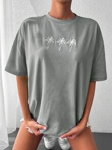 EURMUSE 棉质热带印花落肩T恤 - 薄荷綠 - 查看 3