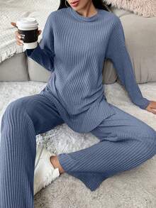 EURMUSE Cotton Women's Solid Color Ribbed Top And Pants Set With Slit, Casual Outfit - Blue - View 5